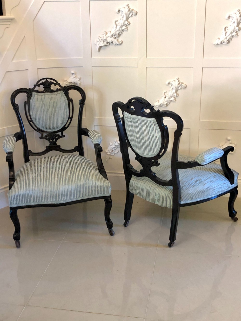 Pair of Victorian Carved Black Lacquered Library Chairs View II
