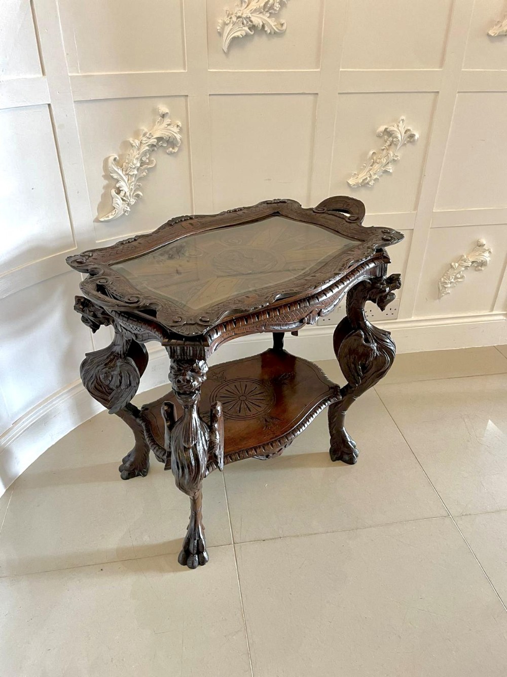 Unusual Antique Carved Oak Italian Centre/Lamp Table