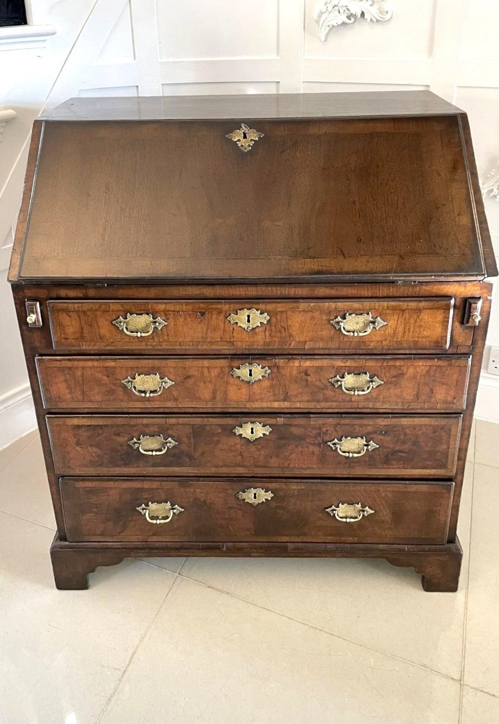 Antique George I Quality Figured Walnut Herringbone Inlaid Bureau 