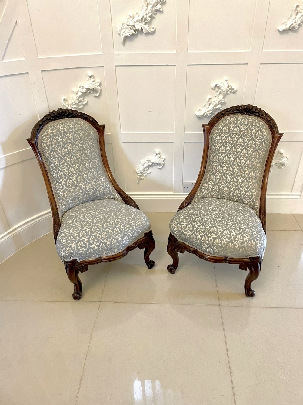 Quality Pair of 19th Century Victorian Antique Carved Walnut Ladies Chairs