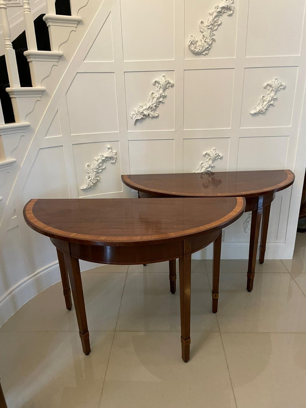 Pair of Antique George III Quality Figured Mahogany Demi Lune Console Tables
