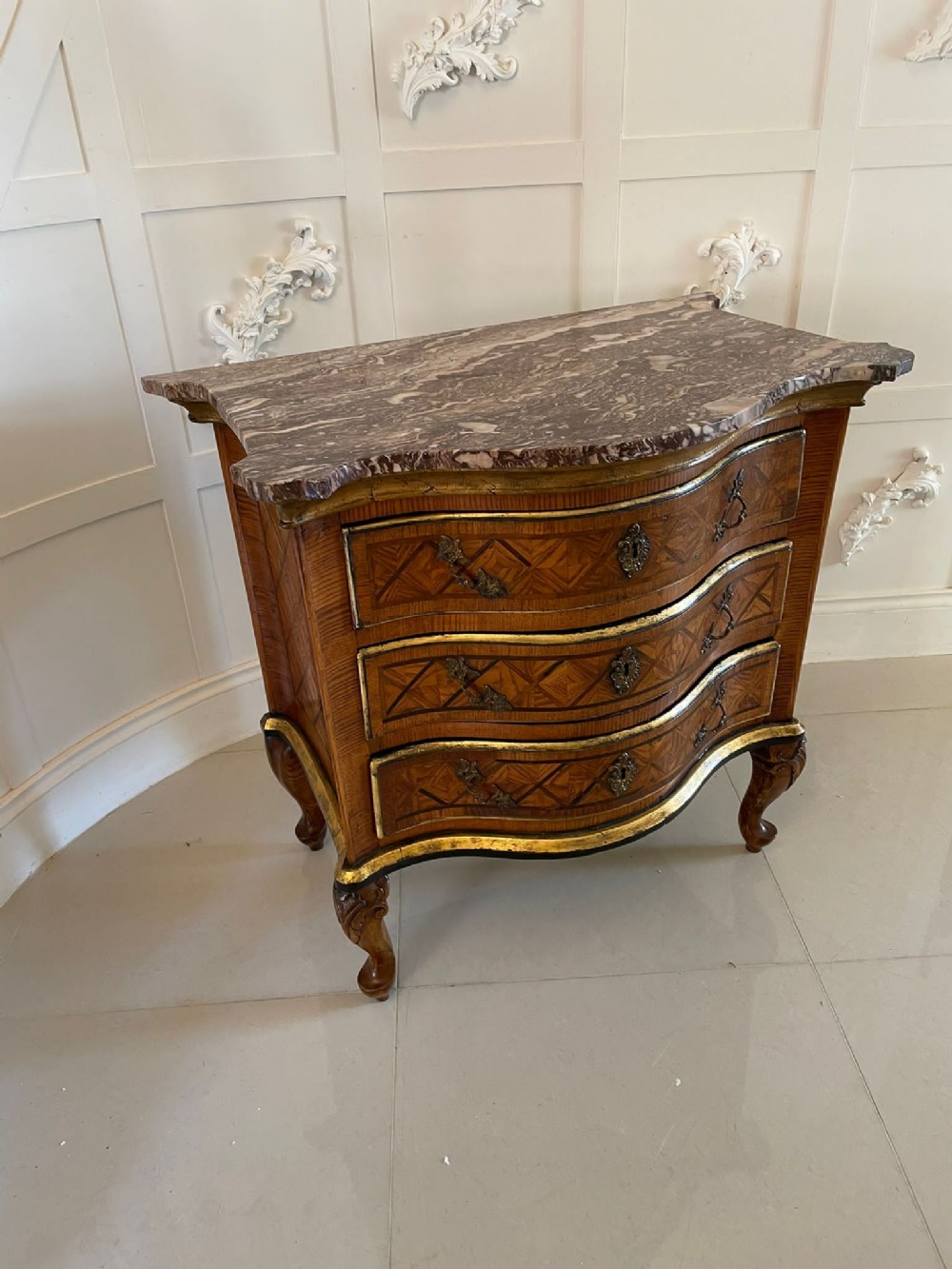 Antique 18th Century Quality Parquetry Inlaid Serpentine Shaped Marble Top Commode Chest 