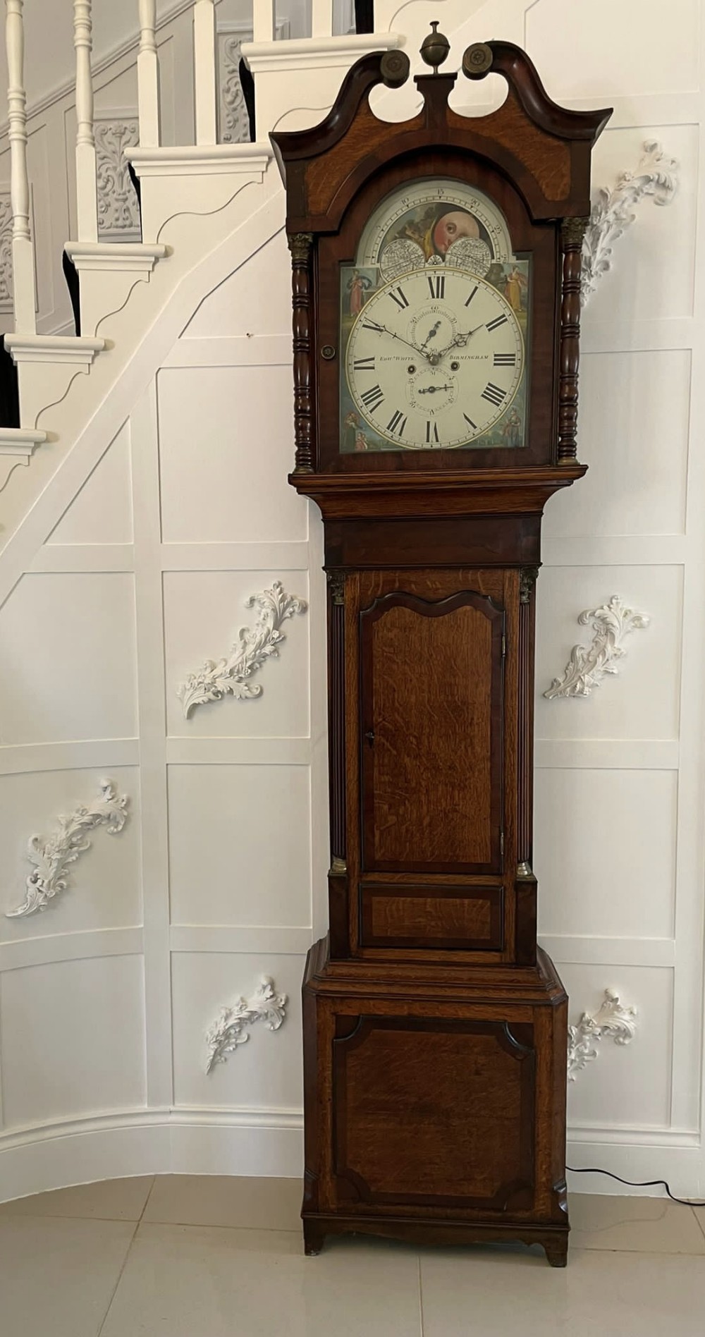 Antique George III Quality Oak and Mahogany Longcase Clock with 8 Day Moon Phase Movement By Edward White Birmingham