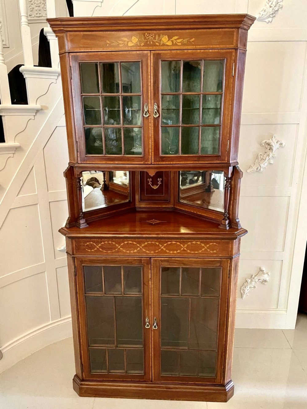 Antique Edwardian Quality Mahogany Inlaid Corner Display Cabinet 