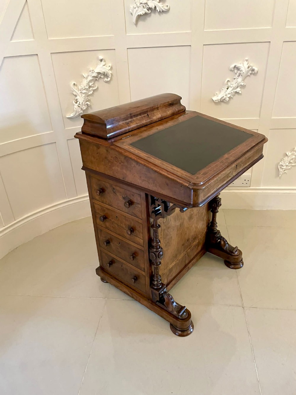 Antique Victorian Burr Walnut Inlaid Freestanding Davenport 
