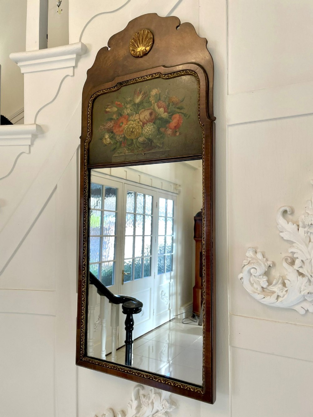 Antique Edwardian Quality Burr Walnut And Gilded Carved Wall Mirror 