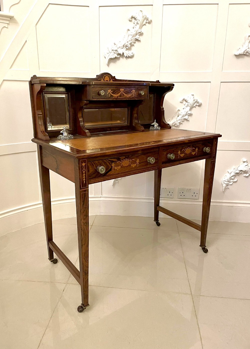 Antique Edwardian Quality Rosewood Marquetry Inlaid Writing Desk 