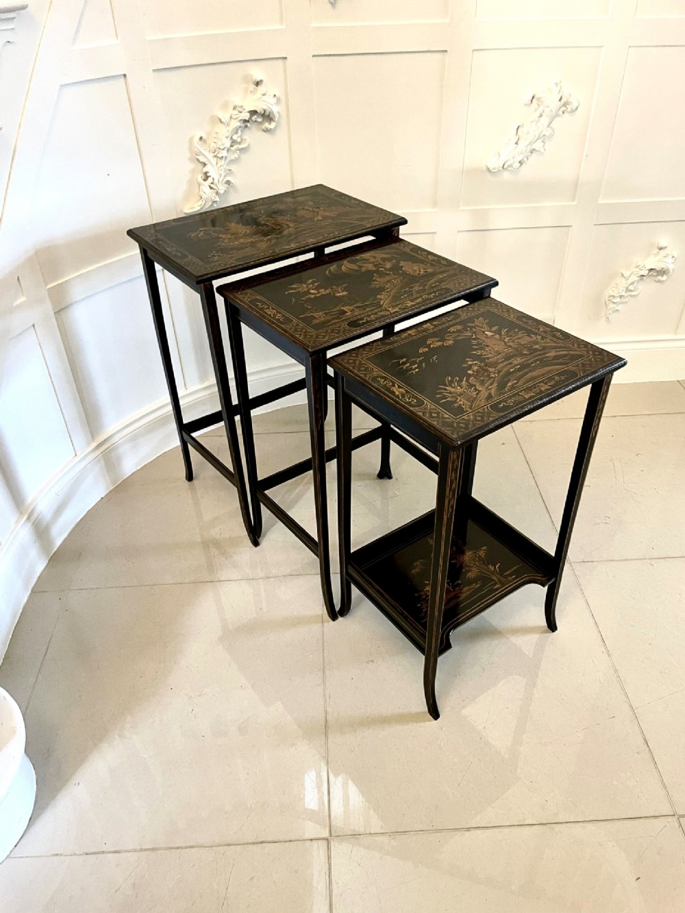 Antique Nest of 3 Quality Chinoiserie Decorated Tables