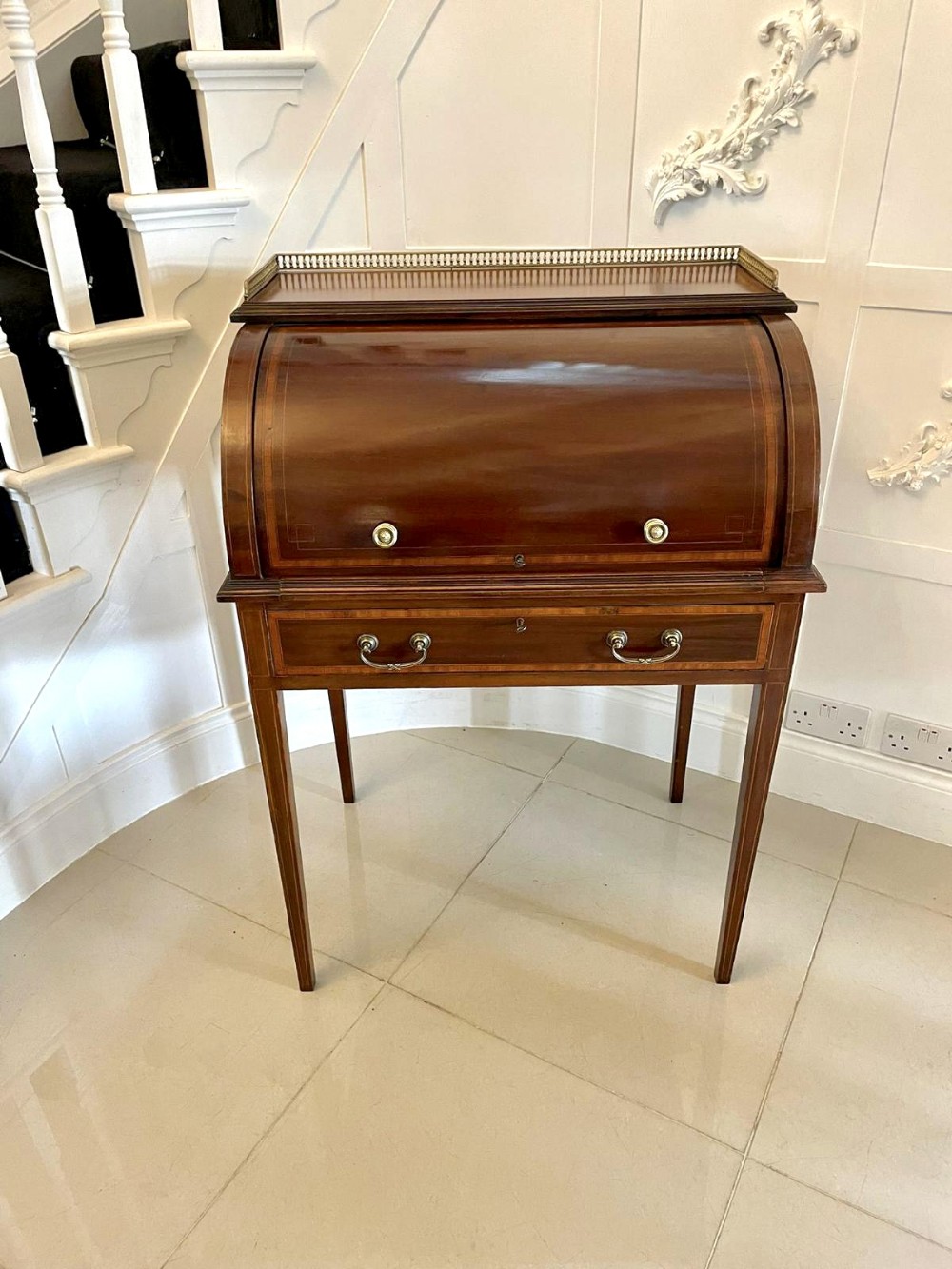 Antique Edwardian Quality Mahogany Inlaid Cylinder Desk 