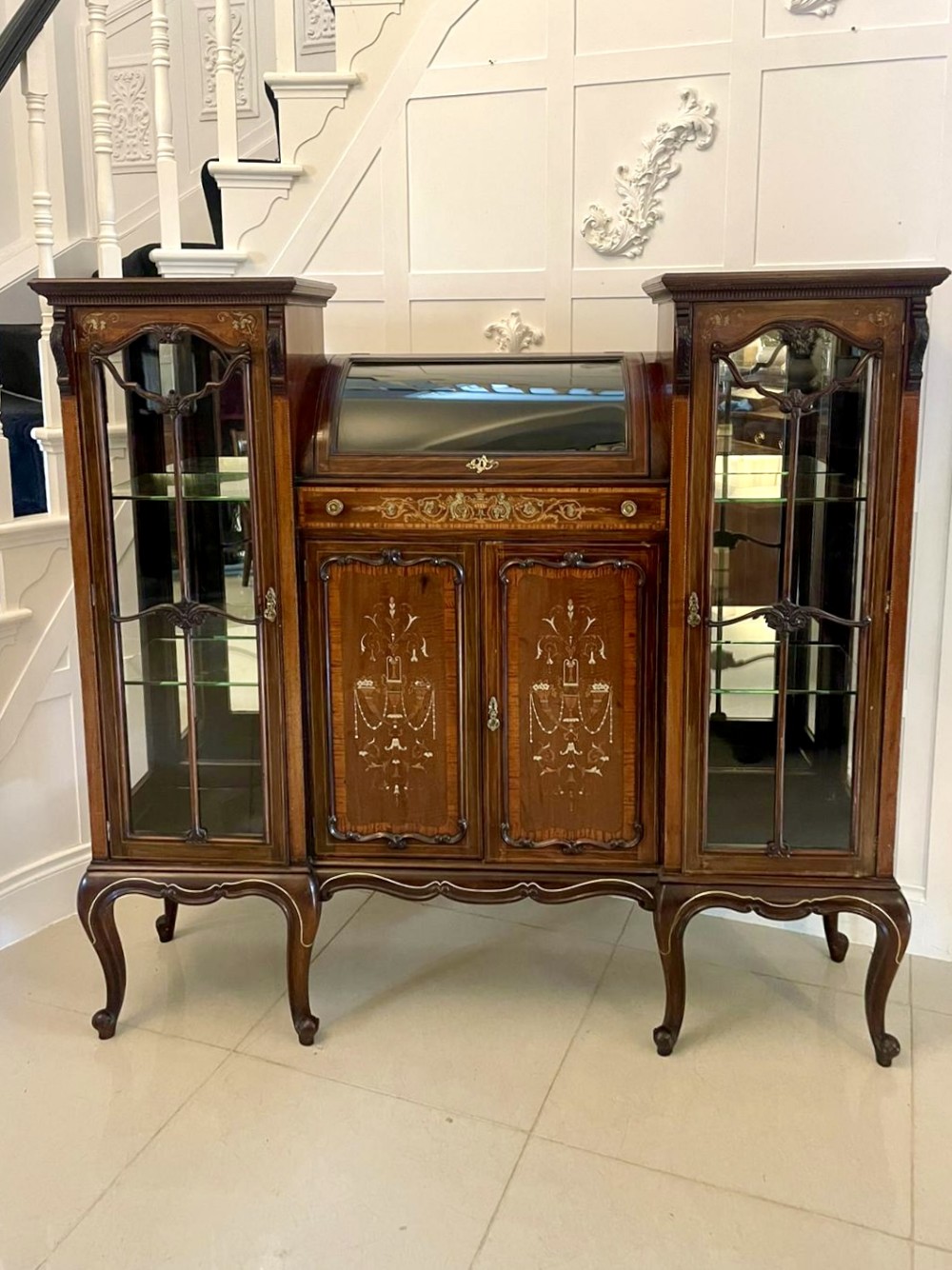 Unusual Large Antique Victorian Quality Mahogany Inlaid Display Cabinet 