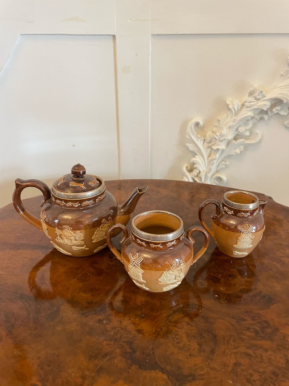 Antique Victorian Miniature Doulton Three Piece Tea Set