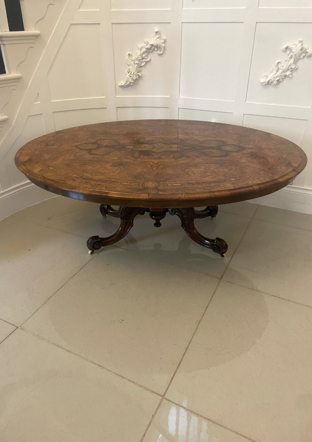  Outstanding Quality Antique Victorian Burr Walnut Inlaid Oval Coffee Table 