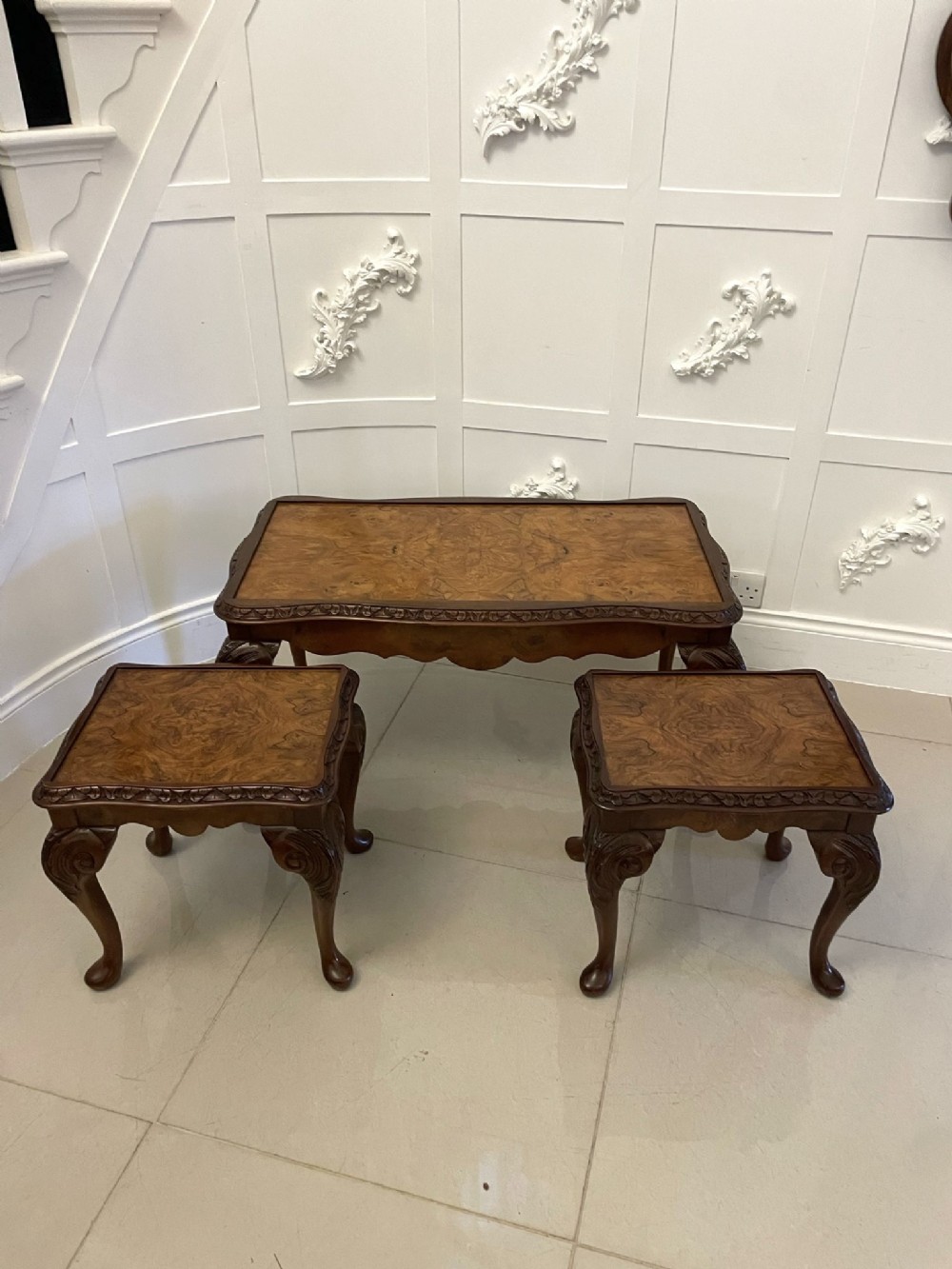 Unusual Antique Nest of 3 Quality Burr Walnut Tables