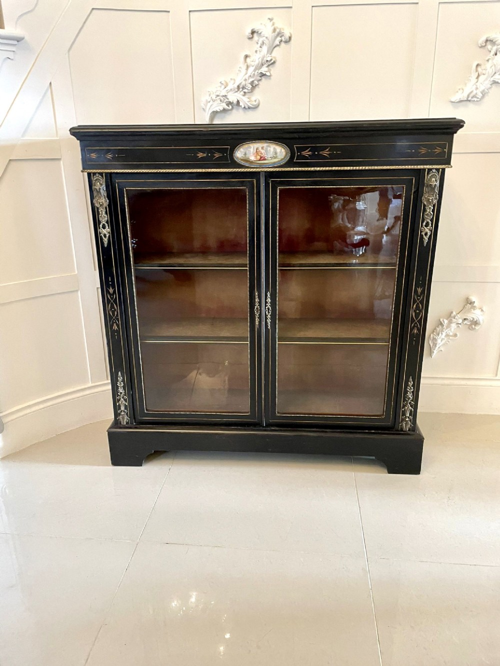  Antique Victorian French Ornate Ormolu Mounts Ebonised Display Cabinet 