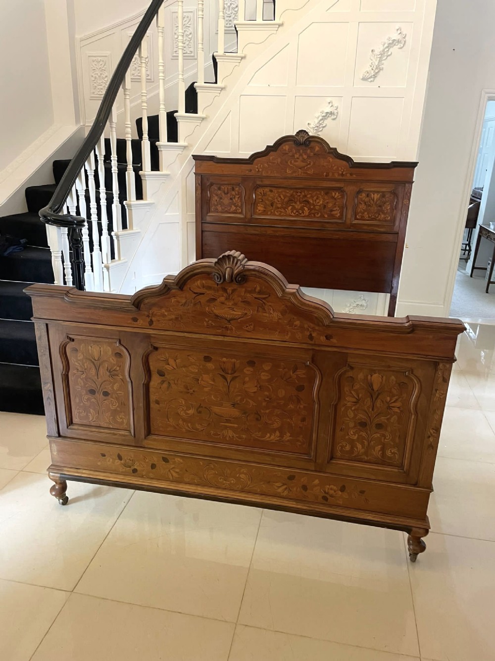 Outstanding Quality King Size Antique Victorian Figured Walnut Floral Marquetry Inlaid Bed 