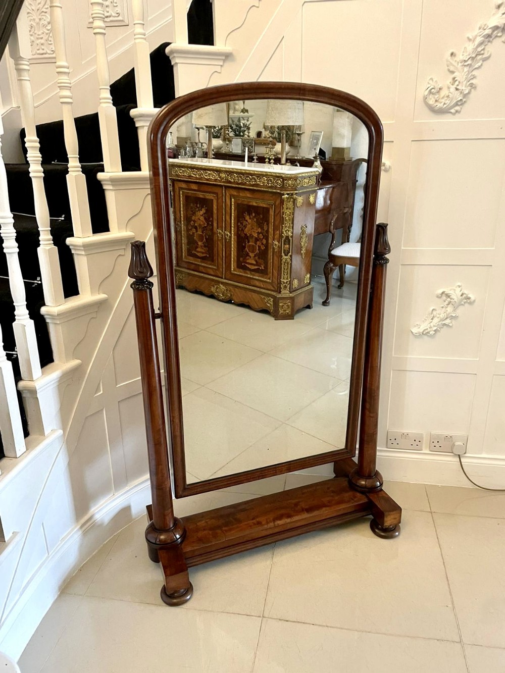 Antique Victorian Quality Figured Mahogany Free Standing Cheval Mirror 