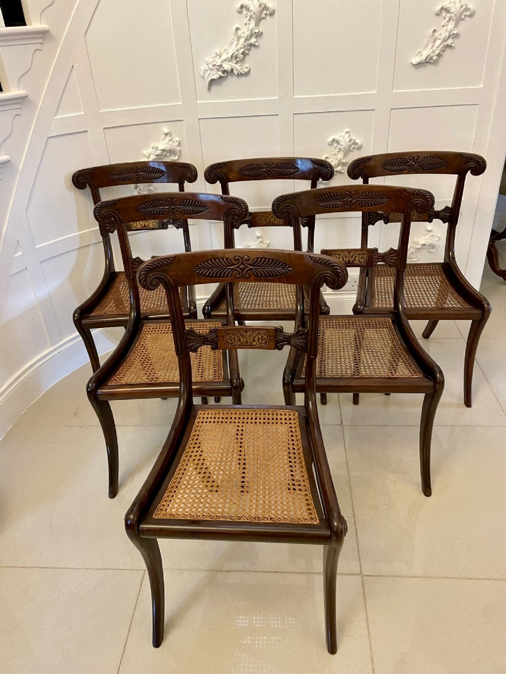 Fine Quality Set of 6 Antique Regency Rosewood Brass Inlaid Dining Chairs