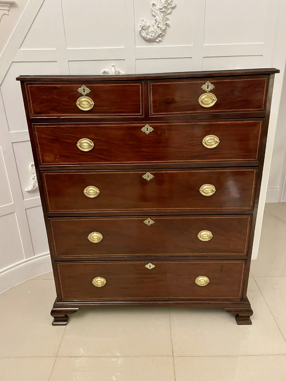 Antique George III Quality Figured Mahogany Inlaid Chest of 6 Drawers 