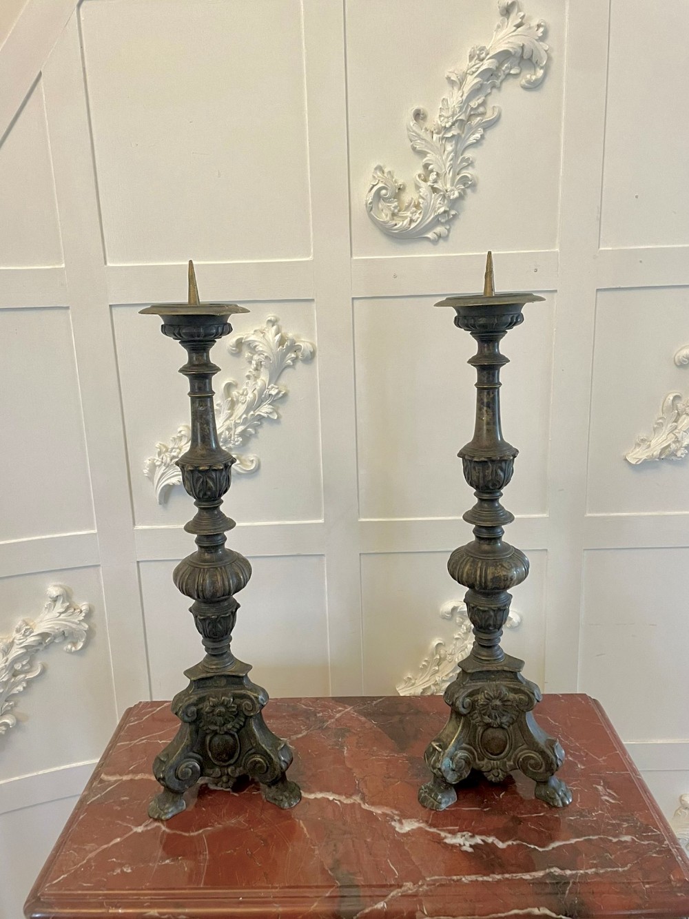 Unusual Pair of Large Antique Victorian Ornate Brass Pricket Candlesticks 