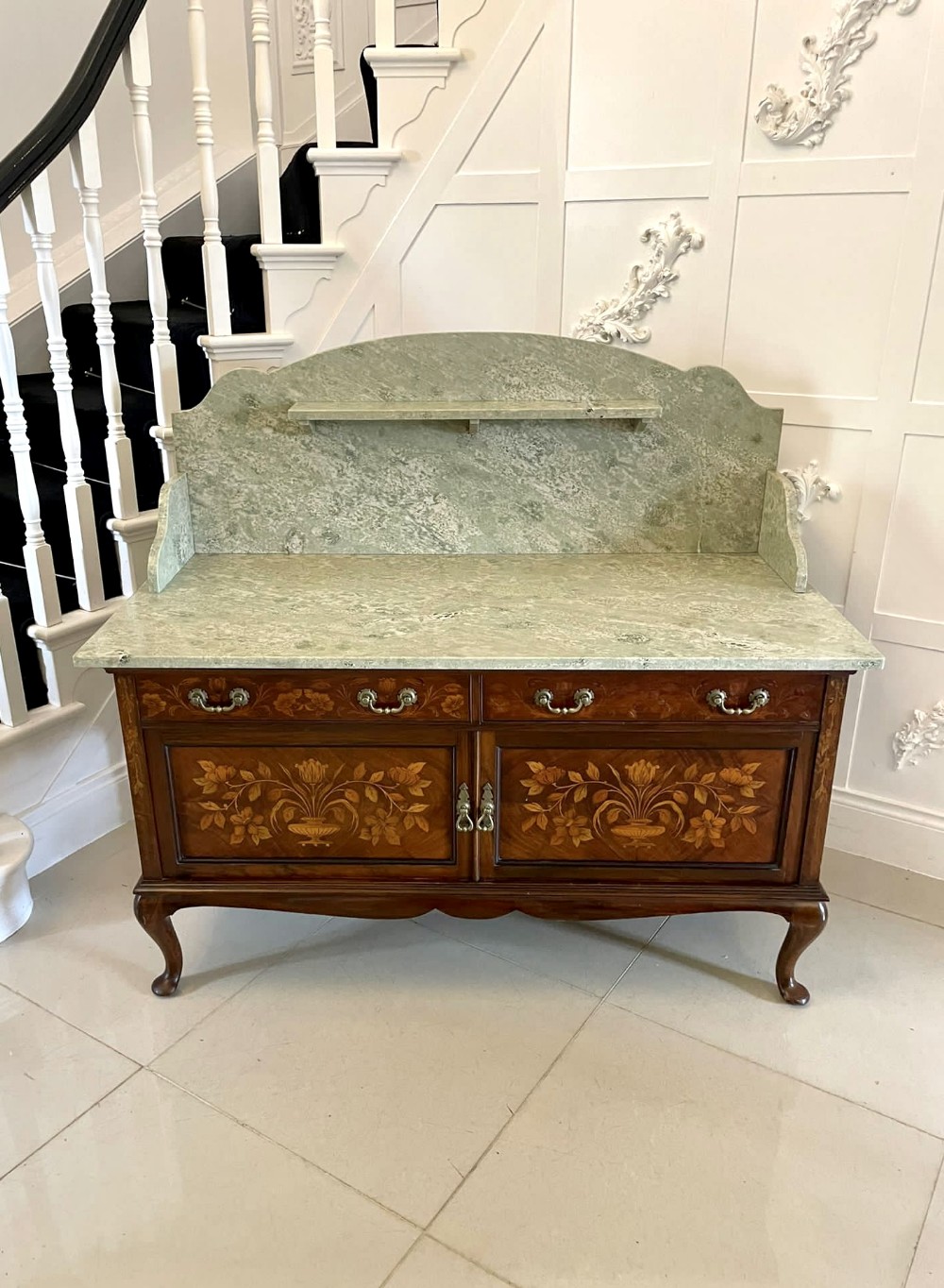 Outstanding Quality Antique Victorian Figured Walnut Floral Marquetry Inlaid Marble Top Washstand/Cabinet 