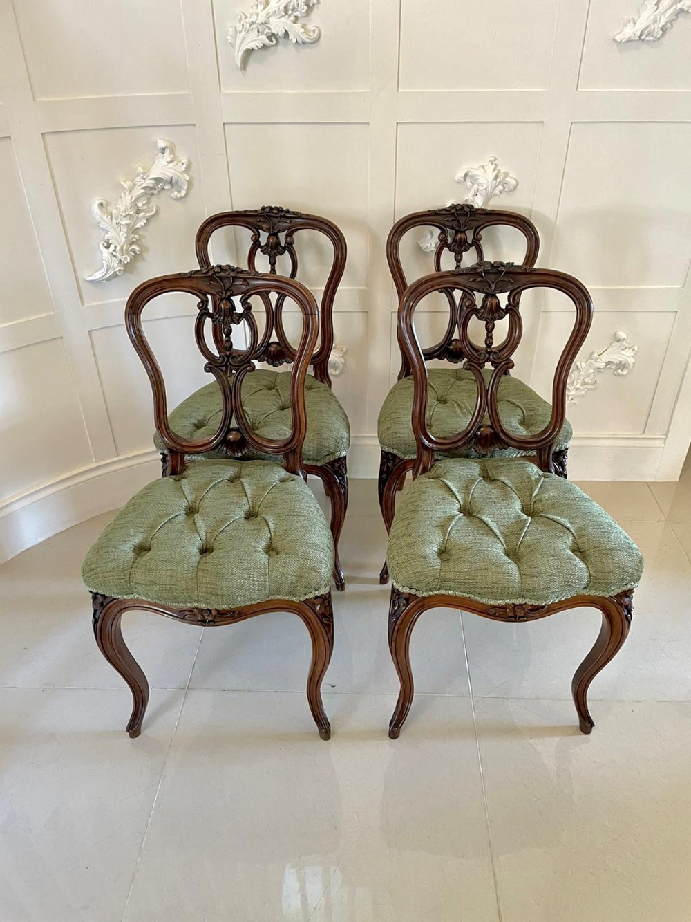 Fine Quality Antique Victorian Set of Four French Carved Walnut Side Chairs 