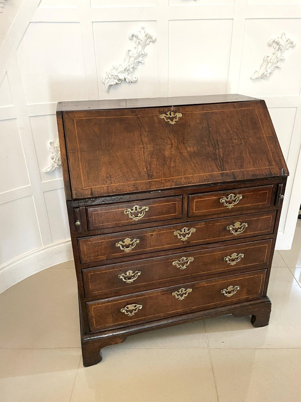 Fine Quality Antique George I Figured Walnut Bureau with Original Handles 
