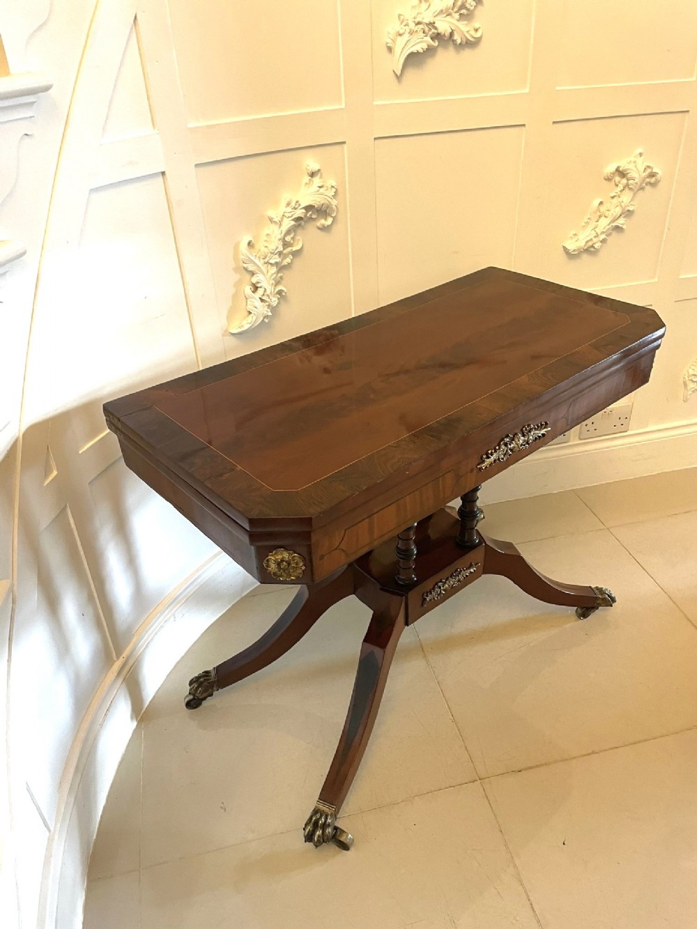 Fine Quality Antique Regency Figured Mahogany Card/Console Table with Gilded Brass Mounts 