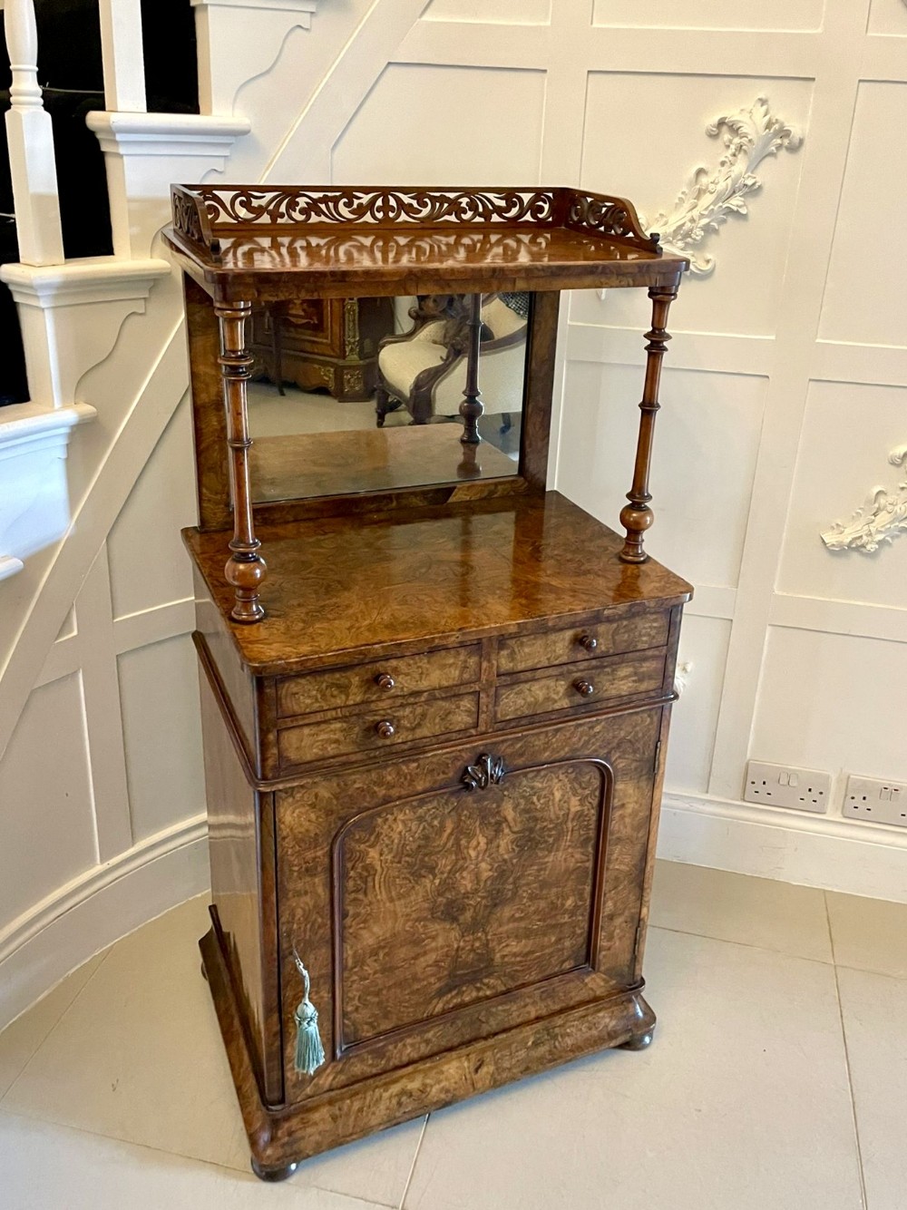 Unusual Antique Victorian Quality Burr Walnut Side Cabinet 