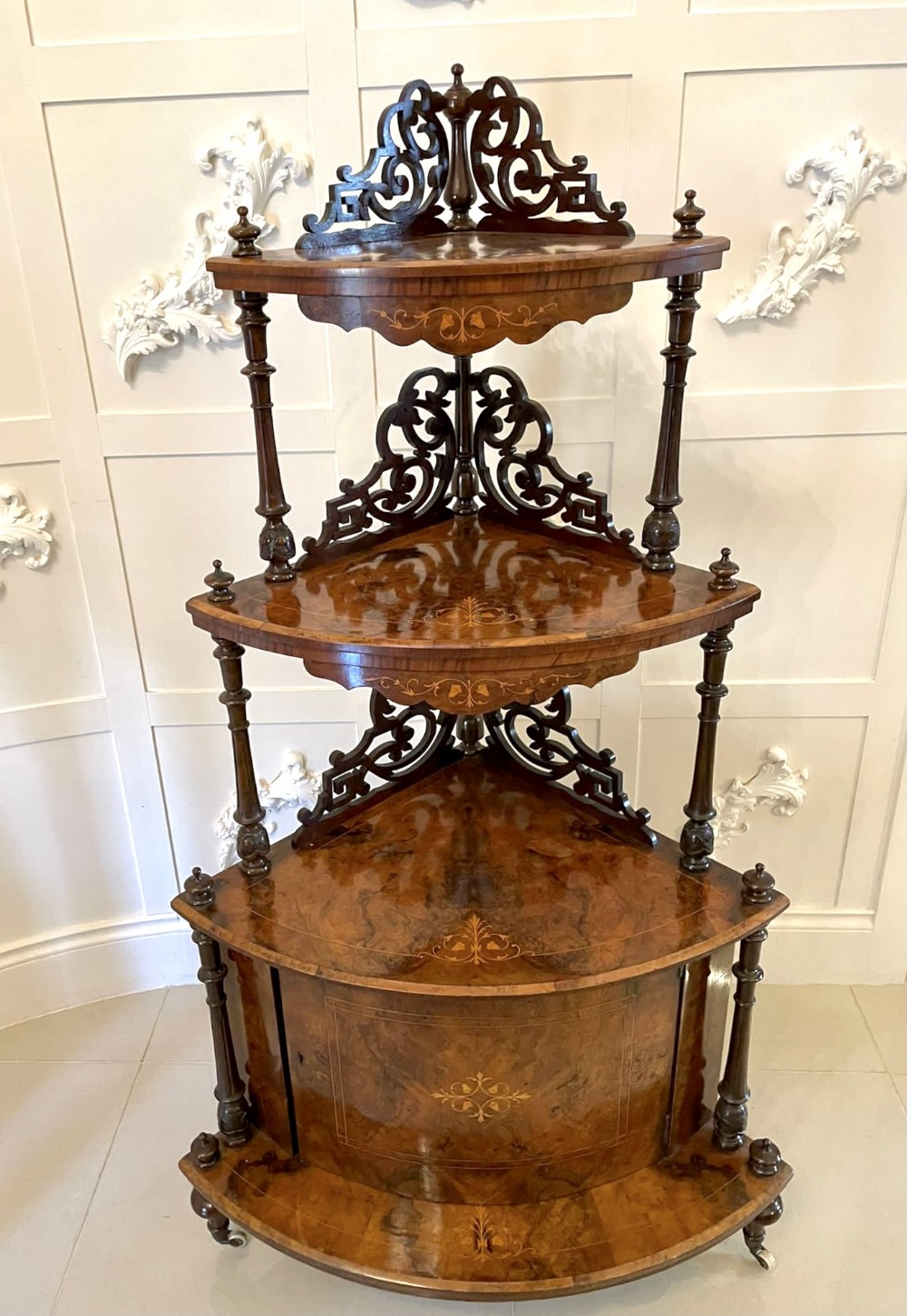 Large Outstanding Quality Antique Victorian Inlaid Burr Walnut Corner Whatnot 