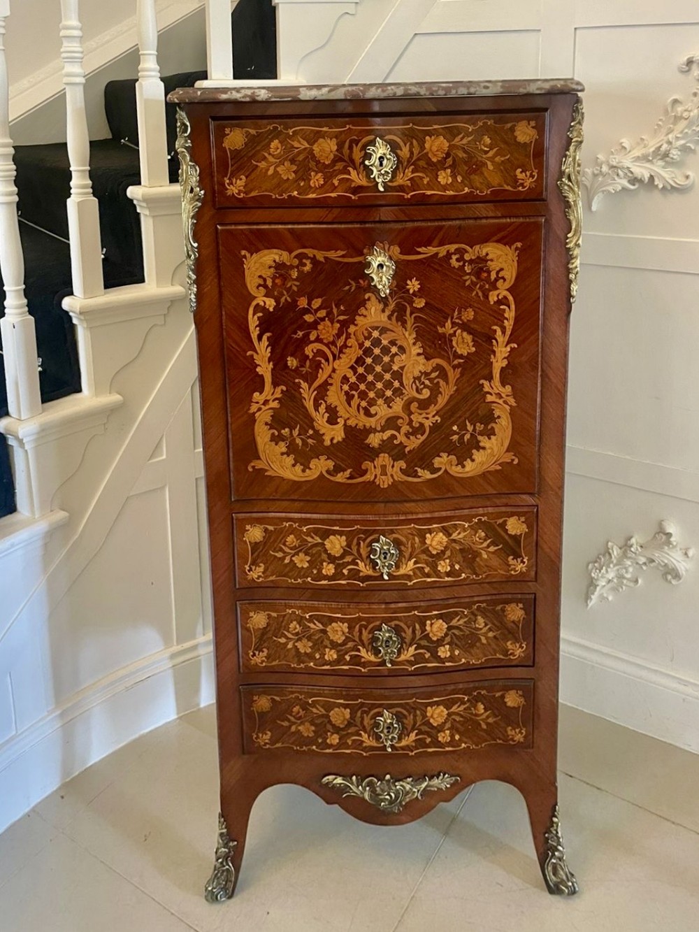 Antique Victorian French Quality Kingwood Marquetry Inlaid Marble Top Bombe Shaped Secretaire Chest