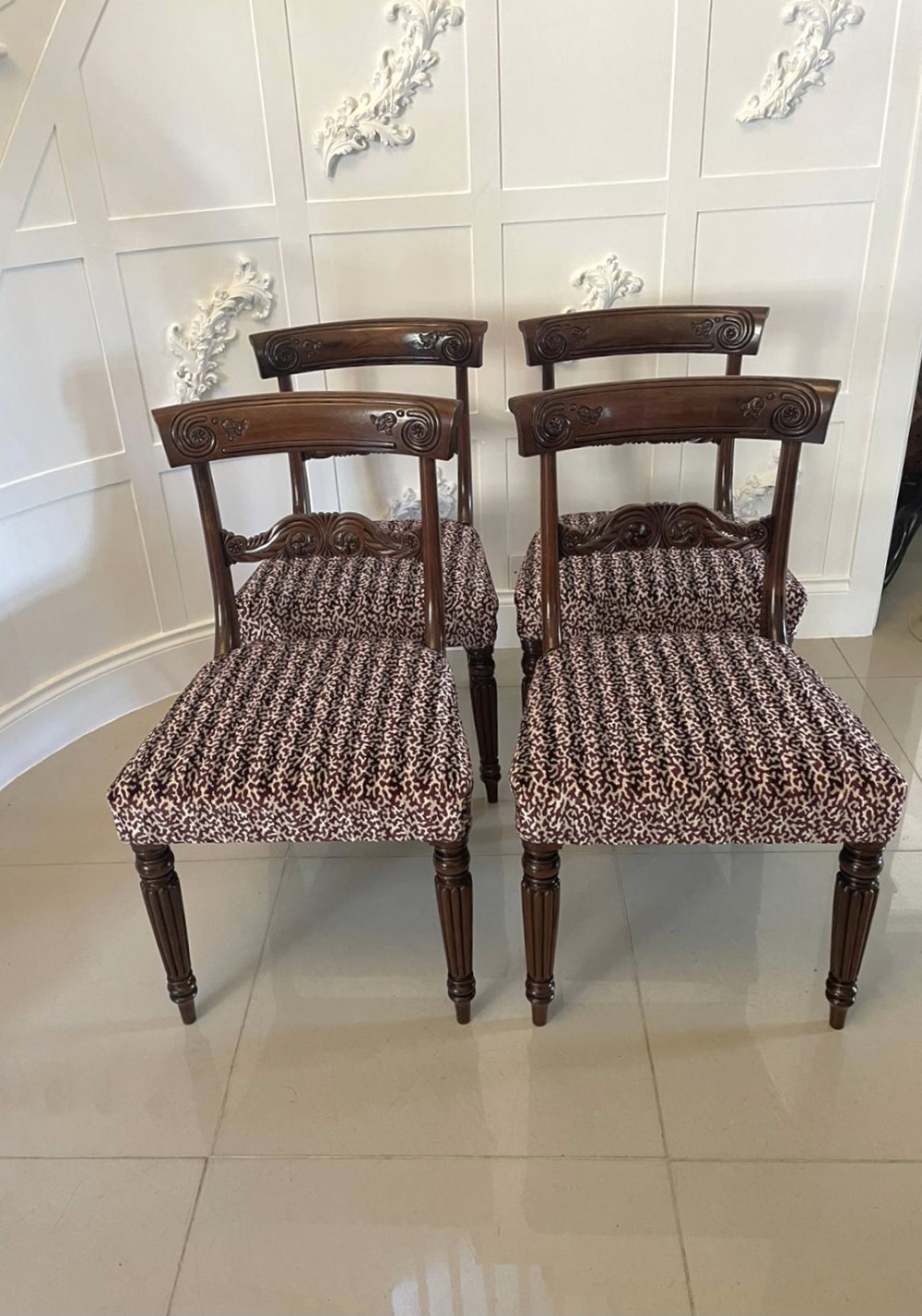 Set of 4 Antique Regency Quality Carved Mahogany Dining Chairs 