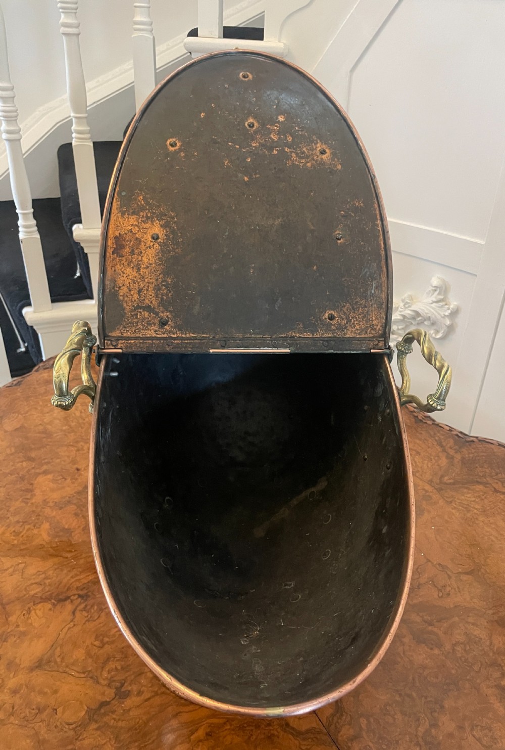 Unusual Antique Victorian Quality Copper and Brass Large Coal Scuttle  View IV