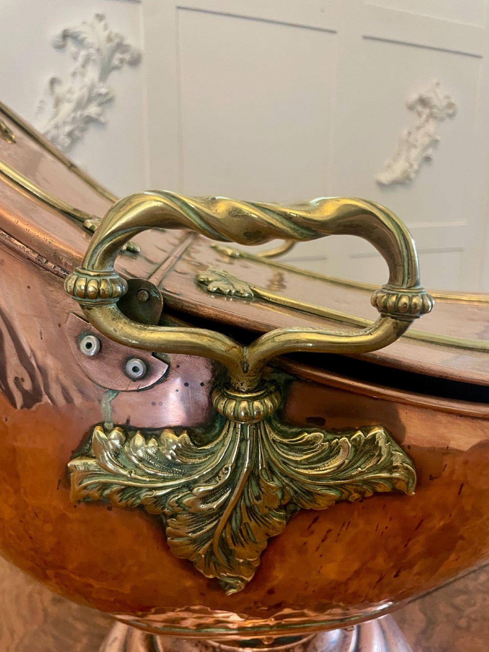 Unusual Antique Victorian Quality Copper and Brass Large Coal Scuttle  View VI