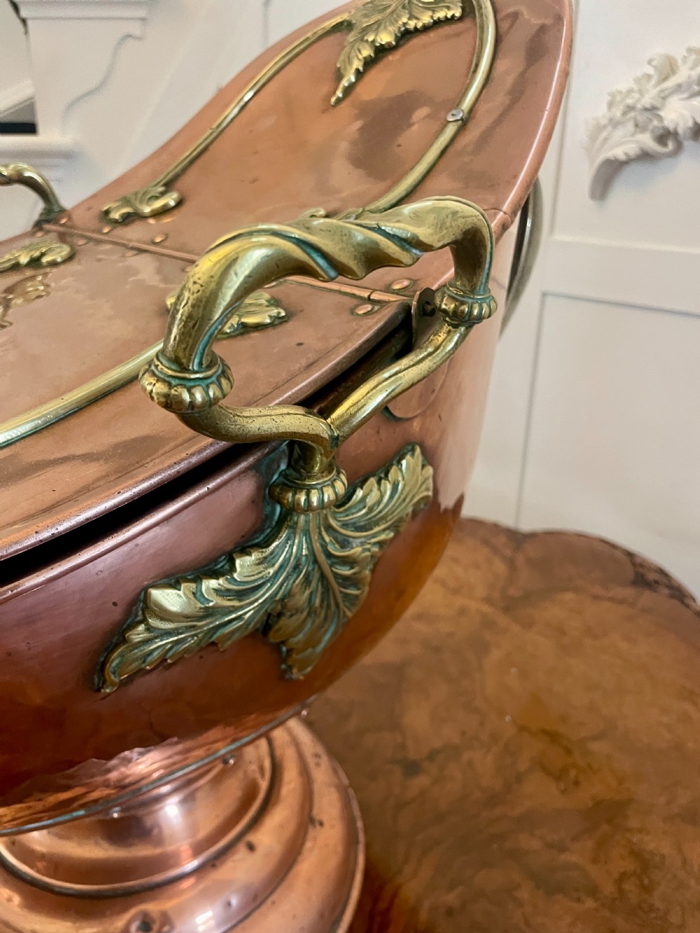 Unusual Antique Victorian Quality Copper and Brass Large Coal Scuttle  View X