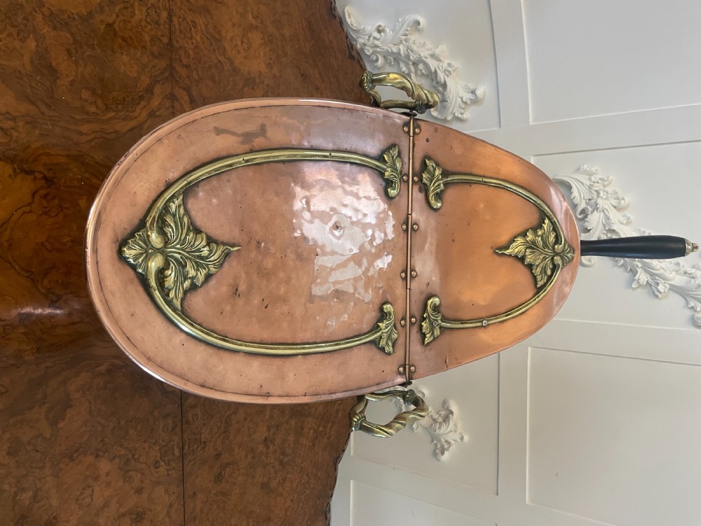 Unusual Antique Victorian Quality Copper and Brass Large Coal Scuttle  View XI