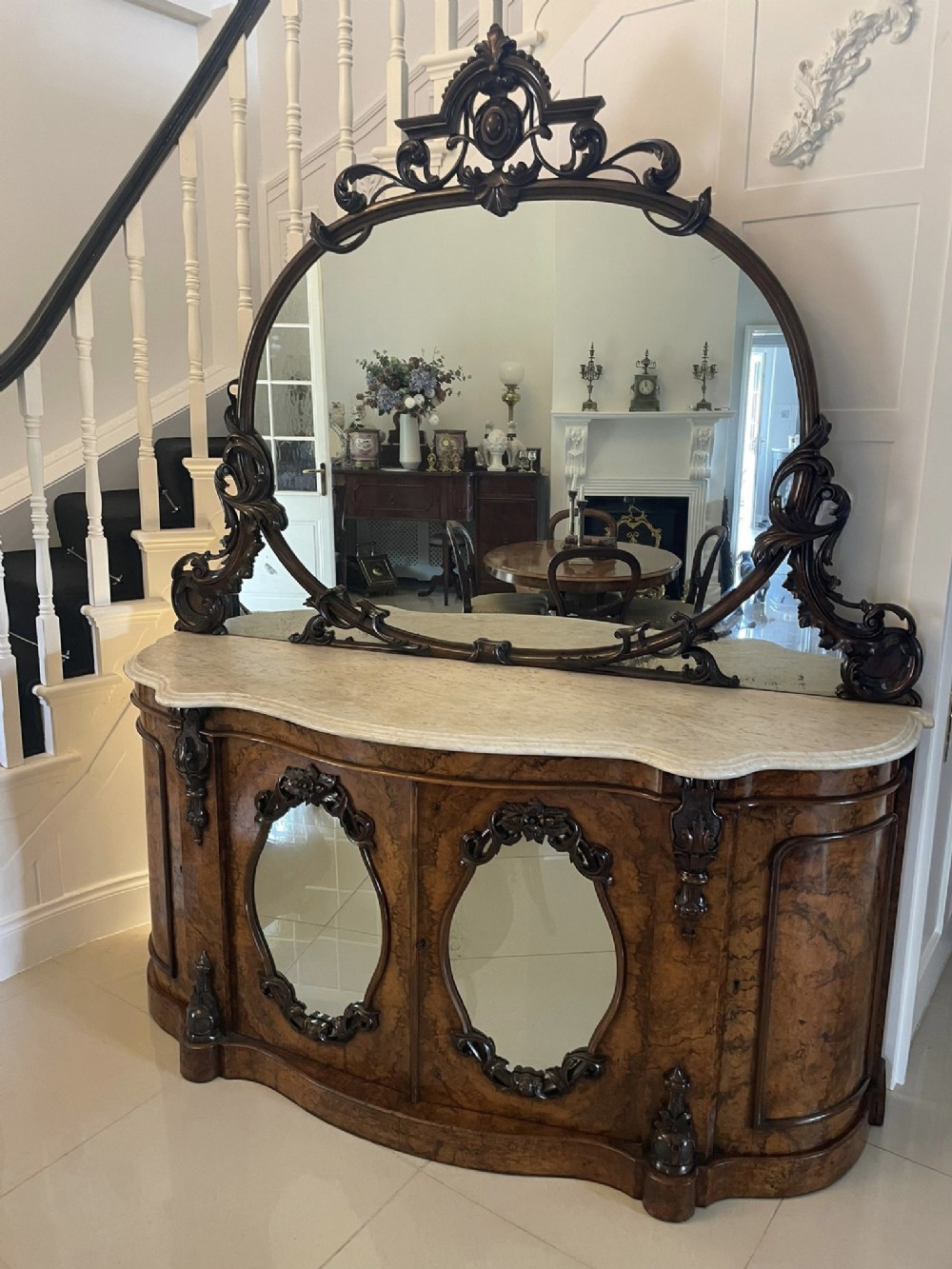 Outstanding Quality Antique Victorian Burr Walnut Carved Mirror Back Credenza