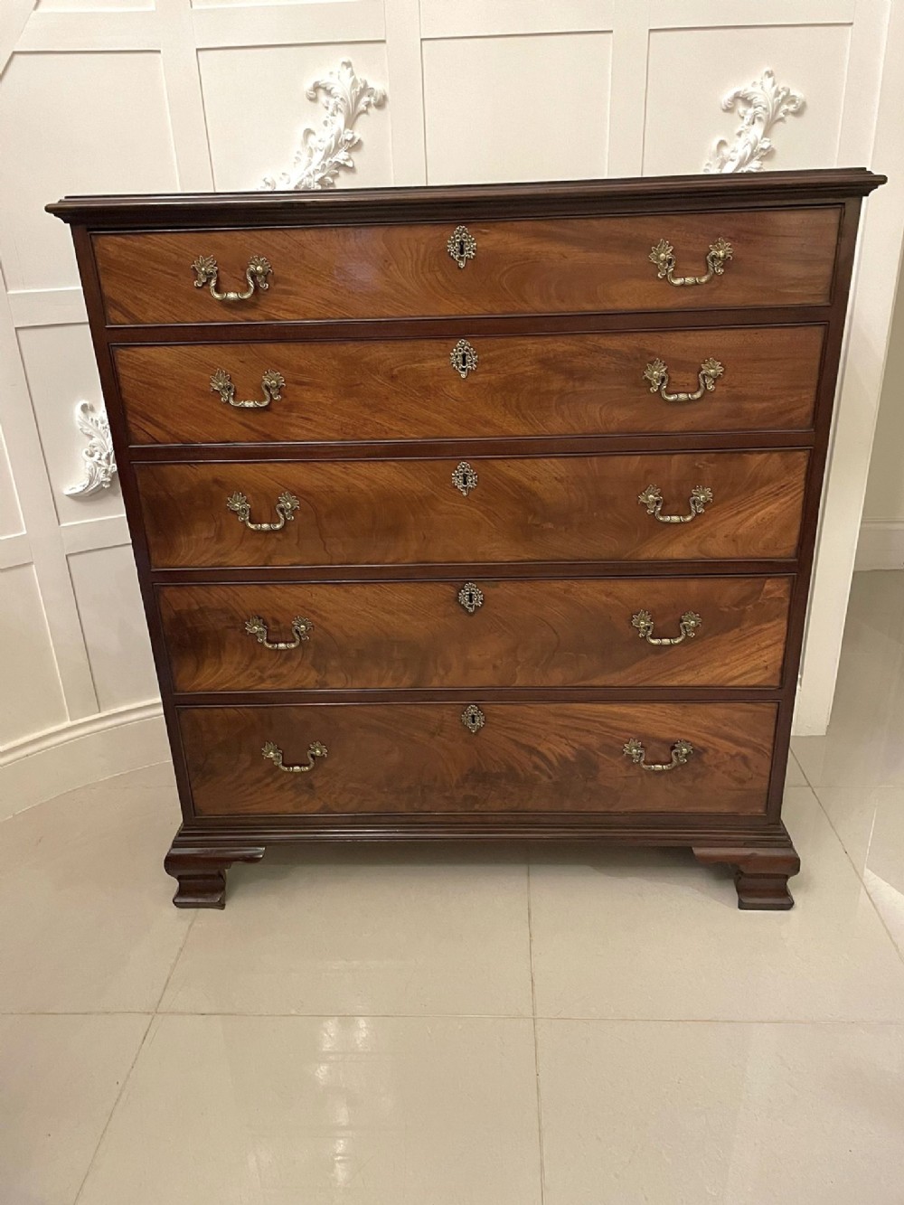 Outstanding Quality Antique George III Figured Mahogany Tall Chest of Five Drawers 