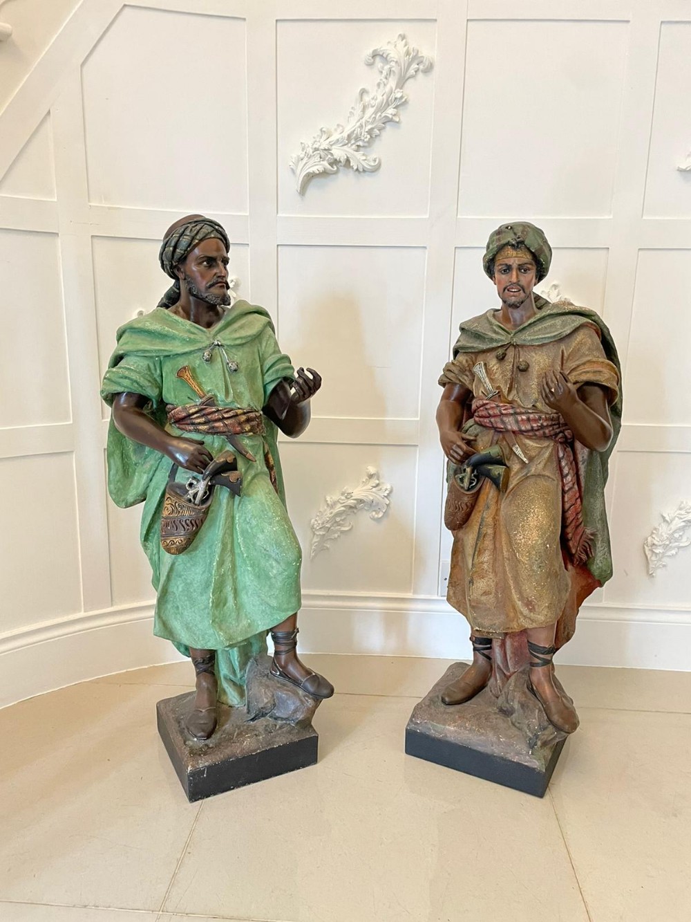 Spectacular Pair of Large Antique Quality Orientalist Polychromed Plaster Arabesque or Moorish Figures 