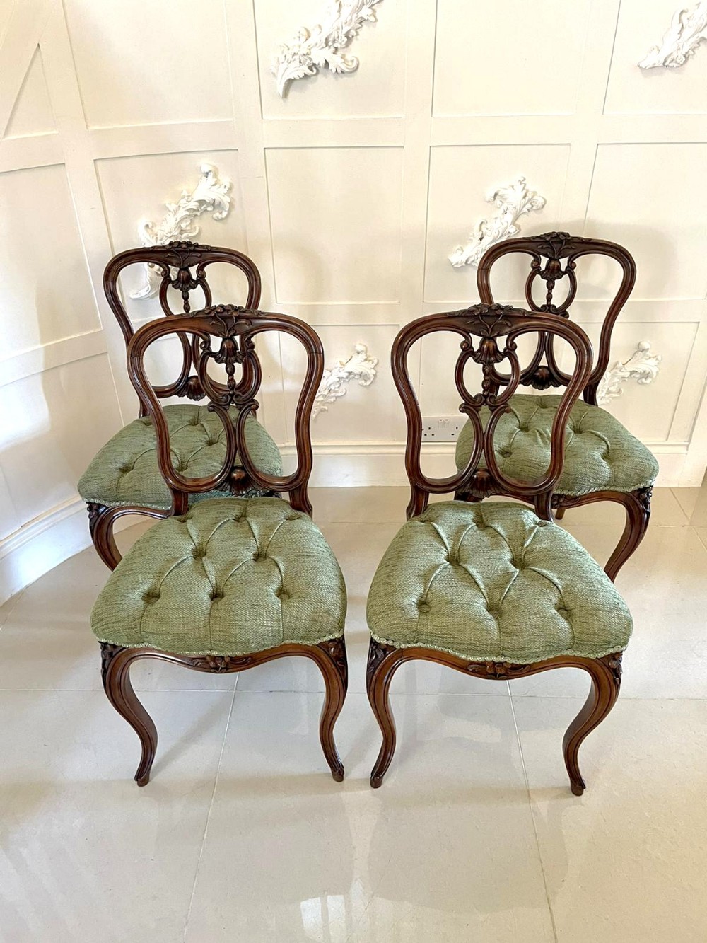 Fine Quality Antique Victorian Set of Four French Carved Walnut Side Chairs 