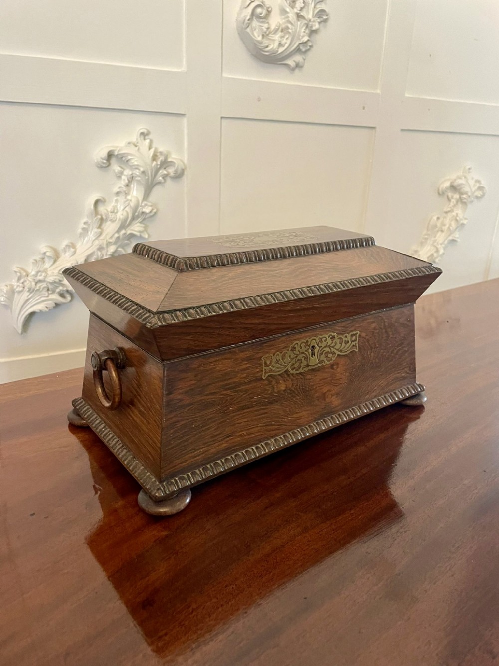 Fine Antique Regency Inlaid Brass Rosewood Tea Caddy