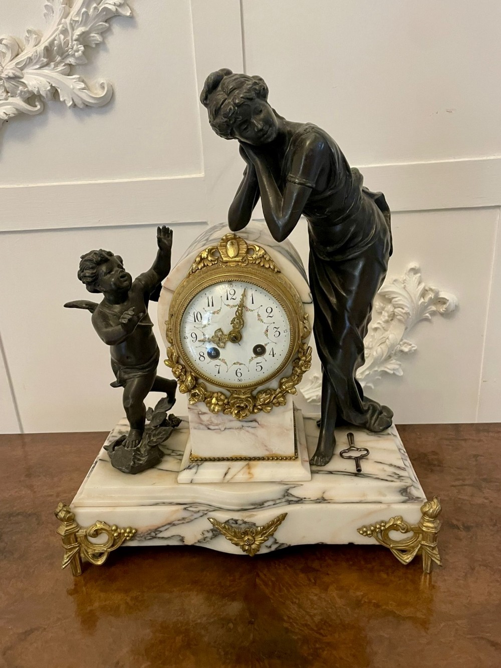 Fine Antique French Marble, Bronze and Ormolu Striking Mantle Clock
