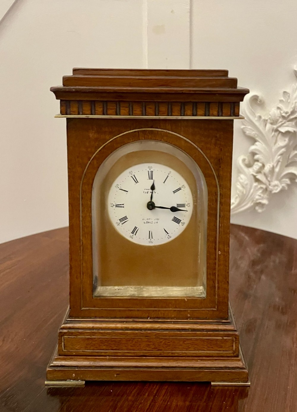 Unusual Antique Victorian Quality Mahogany Brass Inlaid Desk Clock By Dent of London 