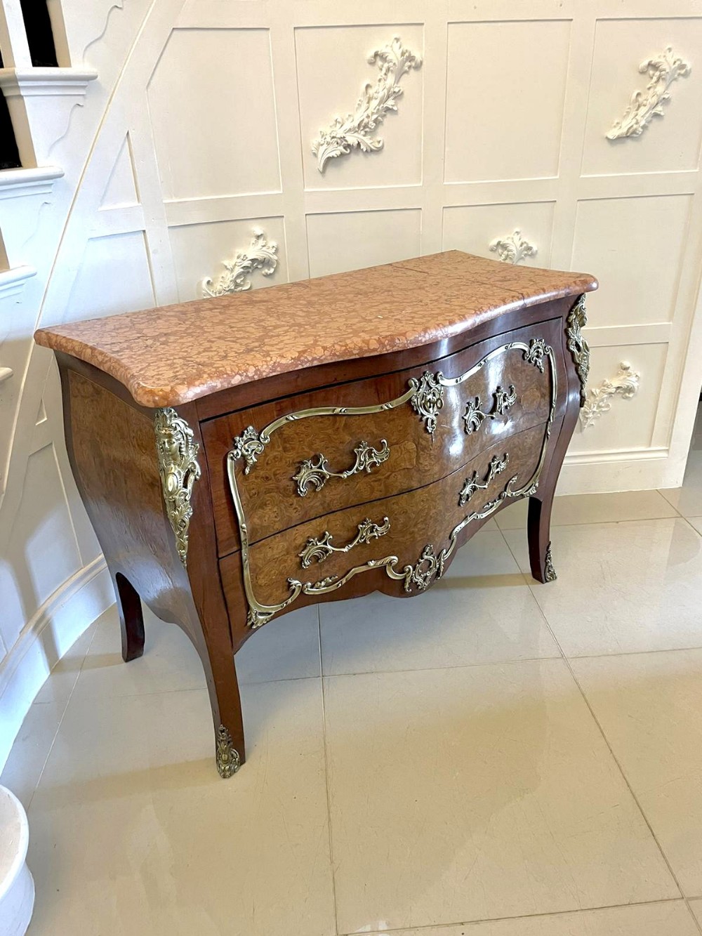 Antique Victorian French Quality Burr Walnut Marble Top Ormolu Mounted Commode/Chest of Drawers 