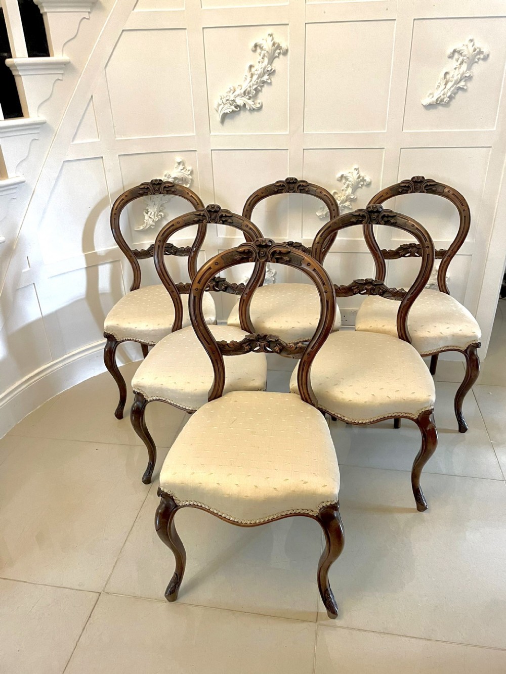 Set of 6 Antique Victorian Quality Carved Walnut Dining Chairs 