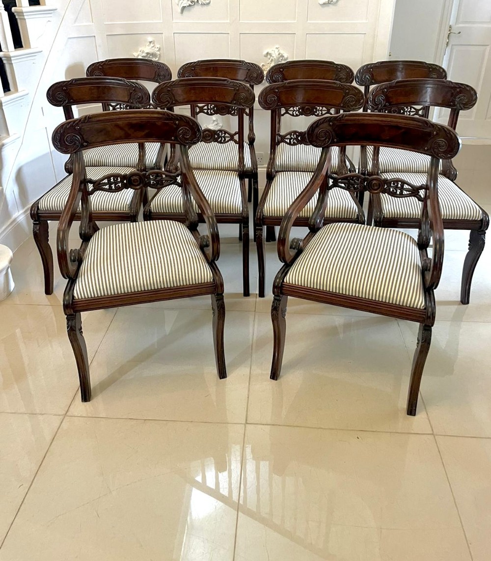Fine Set of 10 Antique Regency Quality Carved Mahogany Dining Chairs 