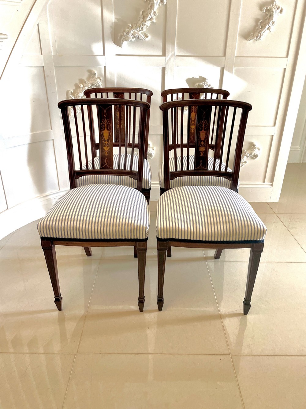 Set of 4 Antique Edwardian Quality Mahogany Inlaid Dining Chairs 