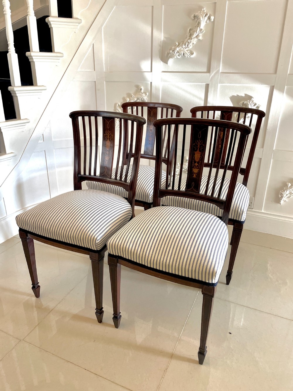 Set of 4 Antique Edwardian Quality Mahogany Inlaid Dining Chairs  View XIII