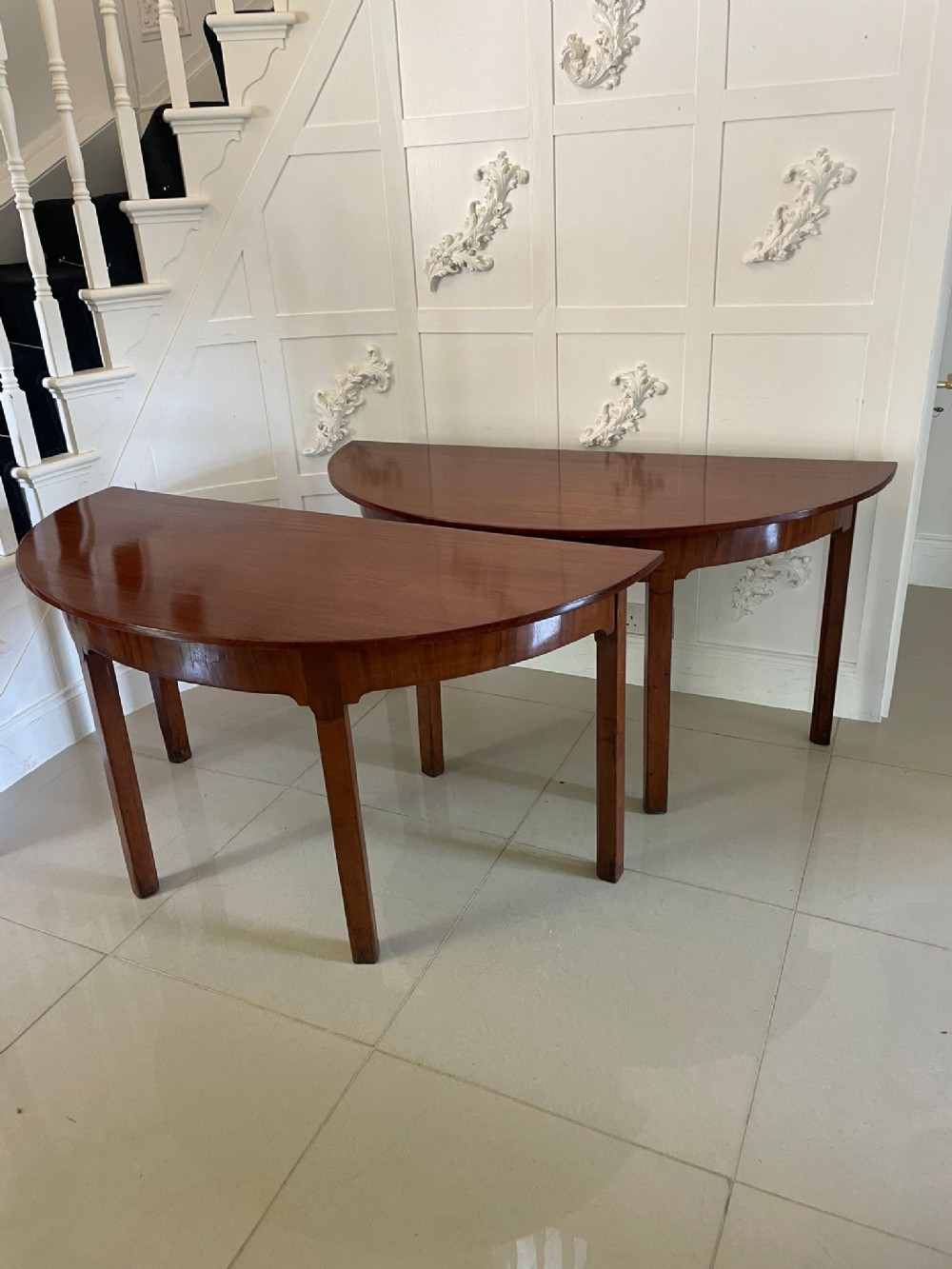 Large Pair of Antique George III Quality Figured Mahogany Demi Lune Shaped Console Tables 