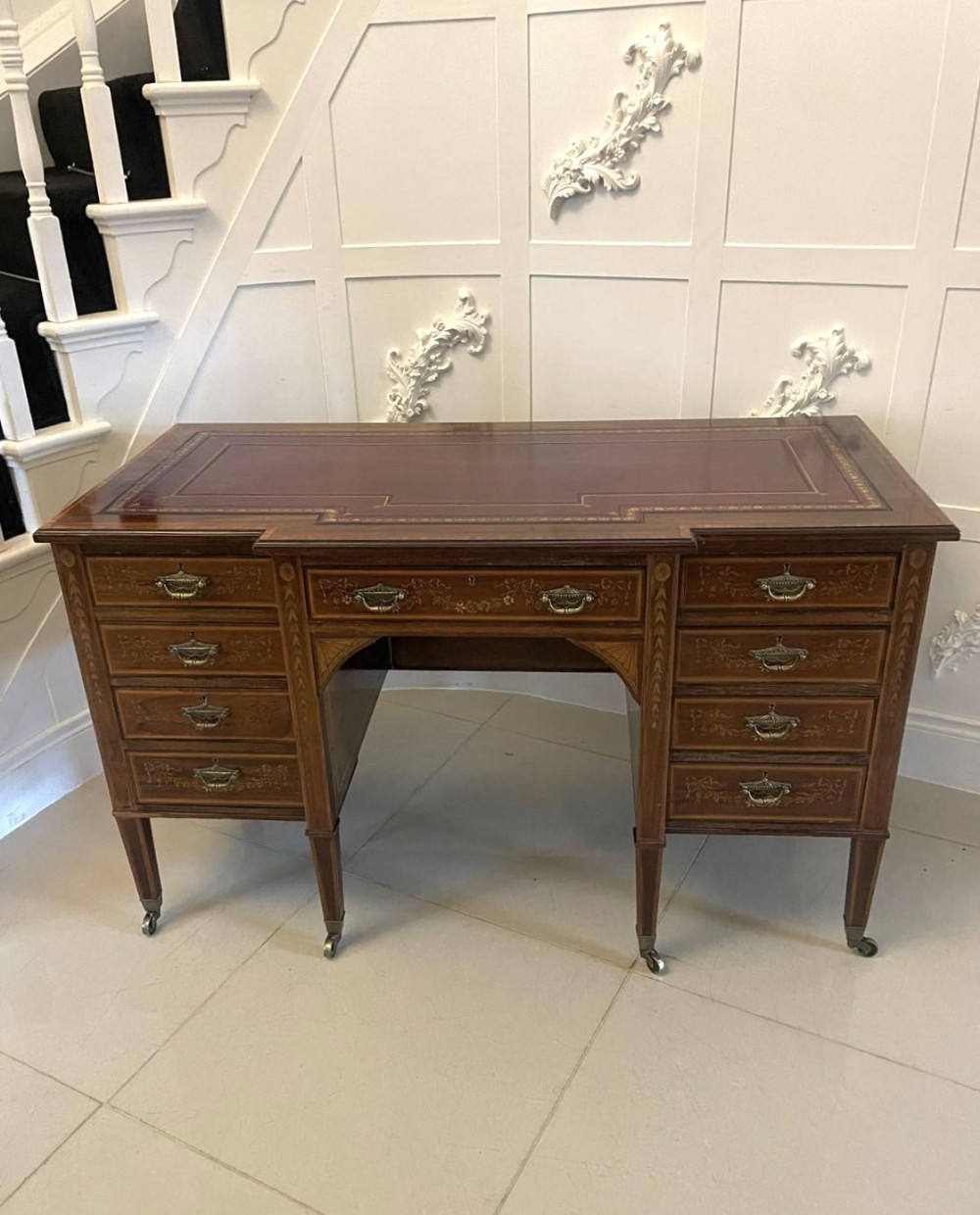 Outstanding Quality Antique Victorian Mahogany Inlaid Kneehole Desk by Edwards and Roberts 