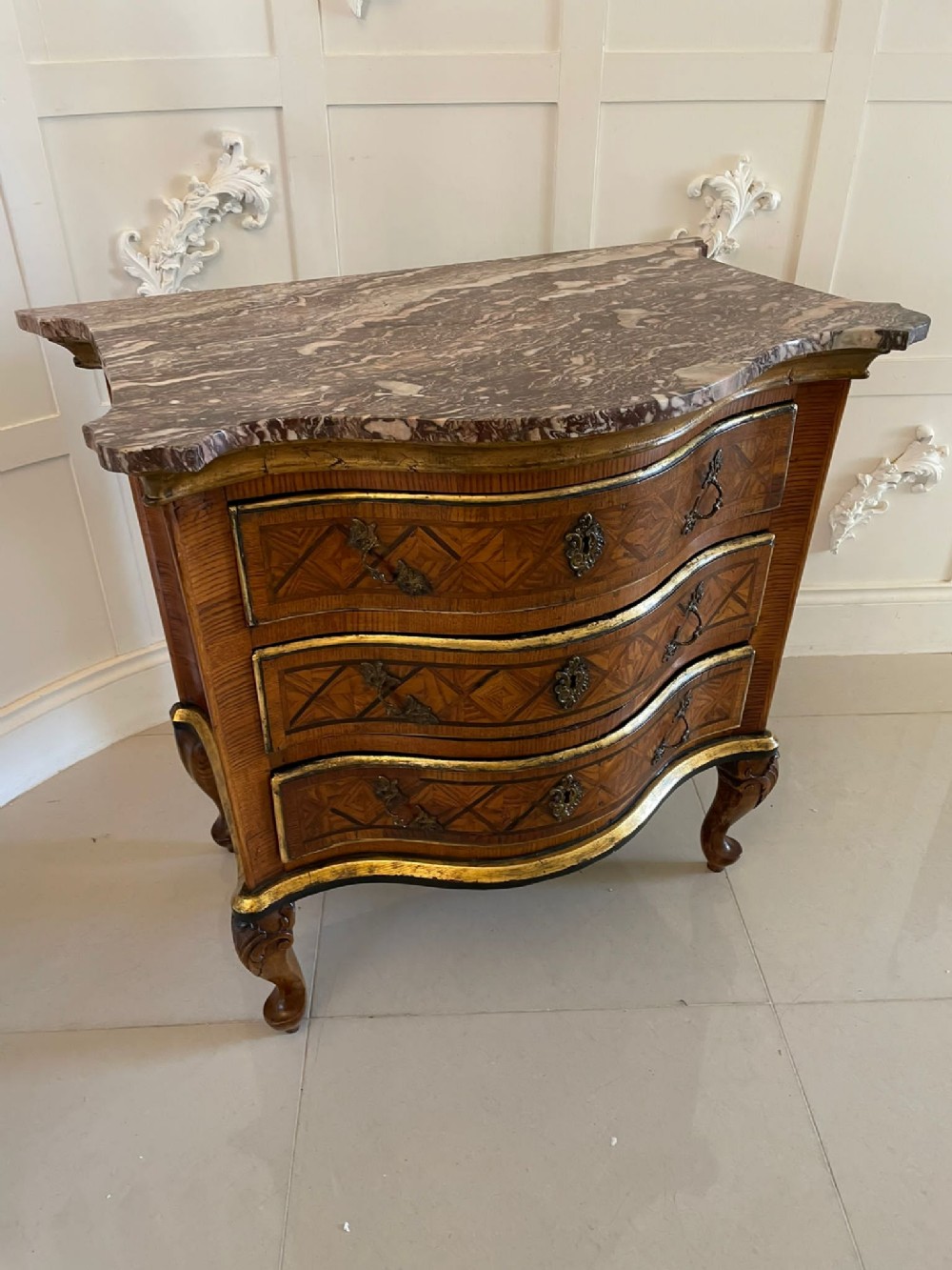 Antique 18th Century Quality Parquetry Inlaid Serpentine Shaped Marble Top Commode Chest 